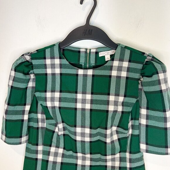 Eva Mendes Blouse Size 2 Green Plaid Puff Short Sleeve Popover Top Extra Small - Picture 3 of 10